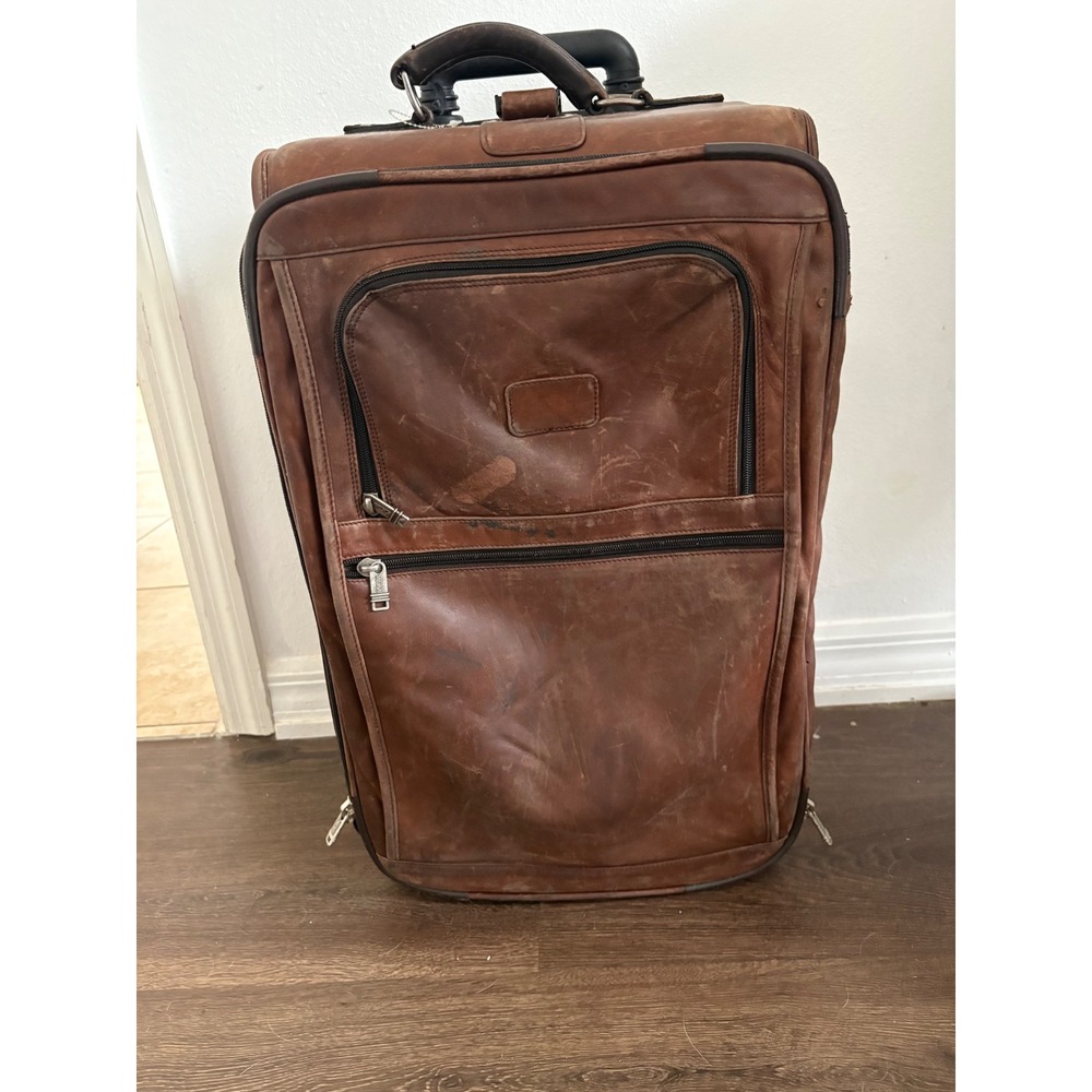 Tumi Brown Leather Rolling Suitcase Upright Luggage Bag Distressed 24 Inch